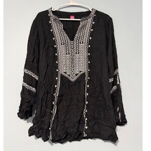 Raj Black Embroidered Boho Tunic Top Women's M Cotton Viscose Long Sleeve 1010